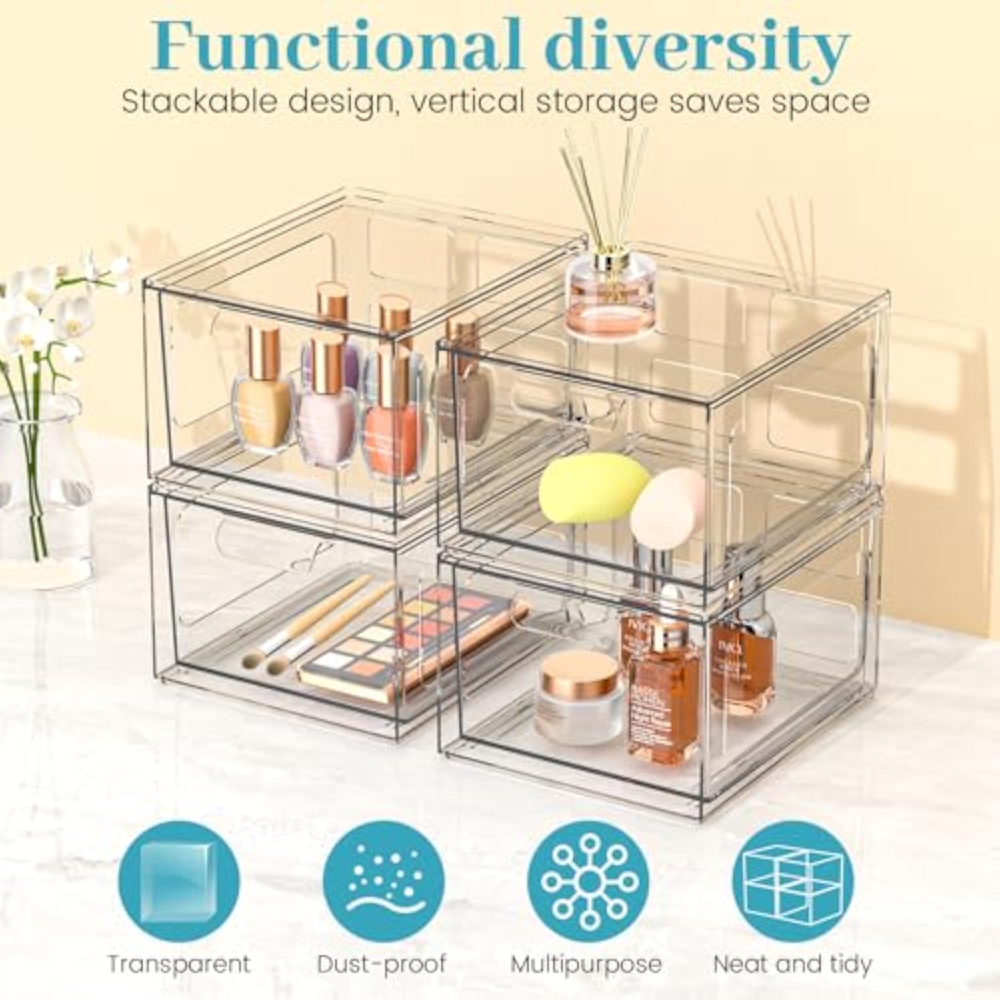 4 Pack Stackable Plastic Makeup Organizer Drawers