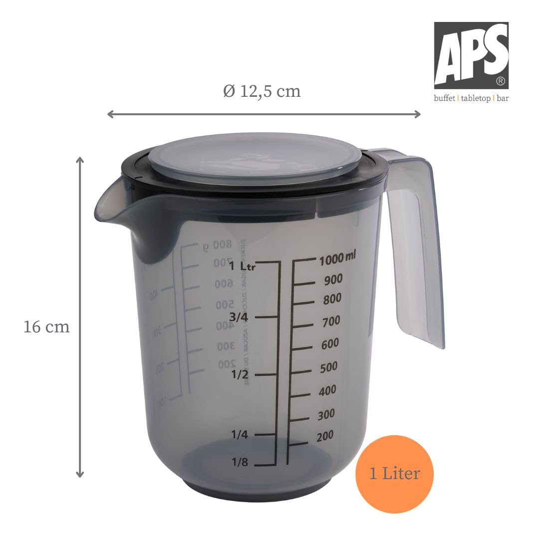 APS 30072 Kubek do mieszania z pokrywką – kubek z miarką do płynów (l/ml), cukru (g) i mąki (g) / pojemność 1 litr/Ø 12,5 cm/wysokość 16 cm/nadaje się do mycia w zmywarce, szary francuski