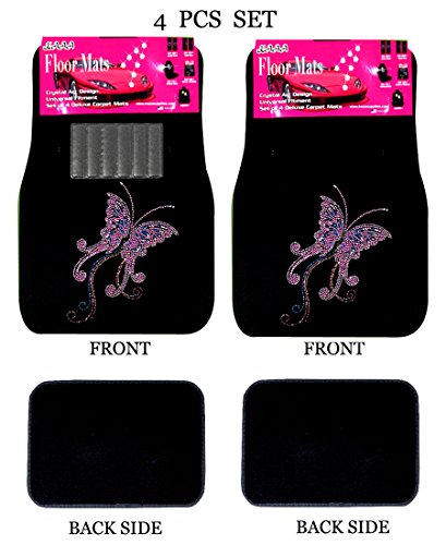 Universal Fit Front/Rear 4-Piece Full Set Crystal Bling Rhinestone Studded Carpet Car Suv Truck Floor Mats (Pink Butterfly/Black) #TOP1