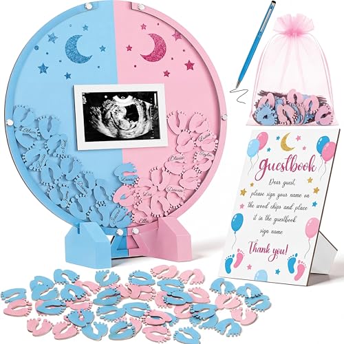 Image of Kosiz Gender Reveal Baby Shower Guest Book, Pink and Blue Footprints Acrylic Guest Book Alternative for 60 Guests, Baby Shower Sign and Nursery Keepsake
