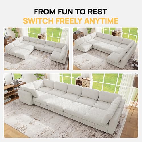 Image of 157 inch Modular Sectional Chenille Sofa bed with Hidden Storage, Comfy Modern 10 Seater Oversized Deep Seat Couch, Modular Sectional with Ottoman and Removable Cover for Living Room, Apartment, Beige
