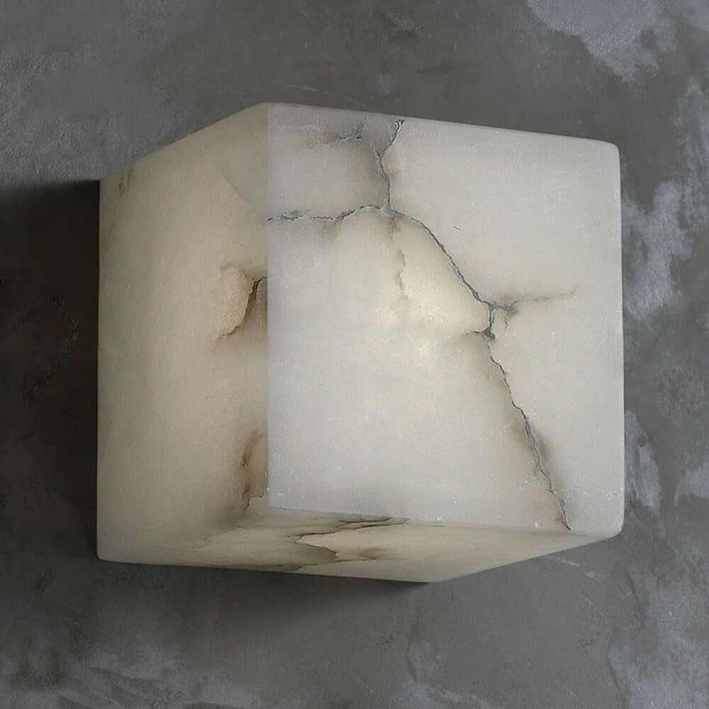 TONFON Natural Alabaster Wall Lamp Minimalist Square Marble Wall Sconce Modern Restaurant Lighting Wall Mounted Lamp for Bedroom Bedside Living Room Study Room Corridor Entryway