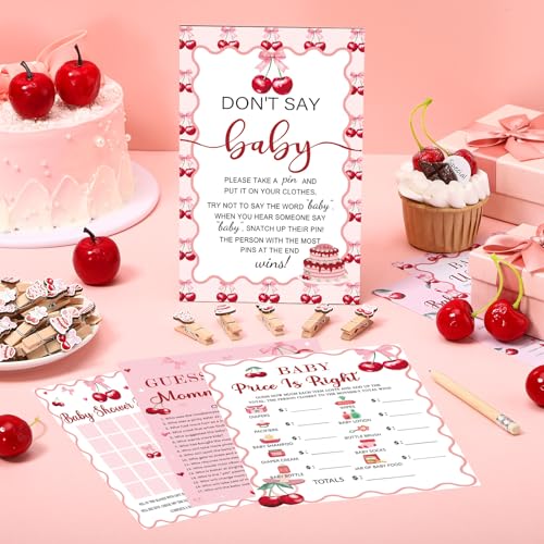 Image of Patelai 321 Cherry Baby Shower Decorations Games Supplies Pink She's The Cherry on Top Baby Shower Games Themed Don't Say Sign for Cherries Themed Gender Reveal Birthday Party Decorations Supplies