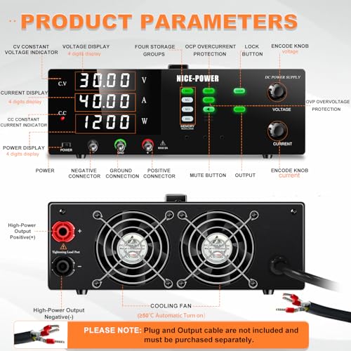 Image of NICE-POWER DC Power Supply Variable, 30V 40A 1200W High Power Switching DC Regulated Bench Power Supply with Output Switch, OCP & OVP, Memory Function, Encoder Knob, 4-Digit LED Display, Lock Button