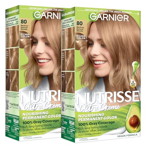 Garnier Nutrisse Ultra Crème Hair Color, Permanent Hair Dye with 100% Gray Coverage, Vegan & Cruelty-Free, 80 Medium Natural Blonde (Butternut), 2 Count
