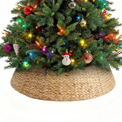 Sweetcrispy 42inch Christmas Tree Collar for 9-12ft Trees, Woven Hyacinth Rattan 4-Panel Collar w/Cord Access Hole & Easy Lock Design, Natural