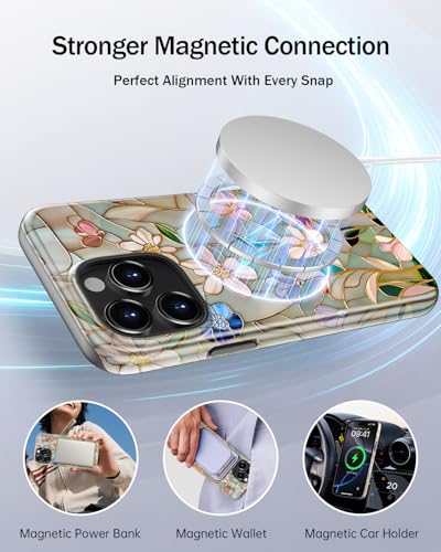 Image of Goodon for iPhone 16 Pro Max Case Cute,Aesthetic Vintage Mosaic Stained Glass Shell Design,Glossy Floral Pattern,MagSafe Compatible,Preppy Trendy Y2K Protective Silicone Phone Cover for Women Girls