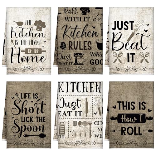 Image of Bencailor 6 Pcs Simple Words Kitchen Towels Decorative Sets Dish Towels Absorbent Fast Drying Hand Tea Vintage Hanging Reusable Cleaning Dishcloths for Cooking Farmhouse Bathroom Accessory