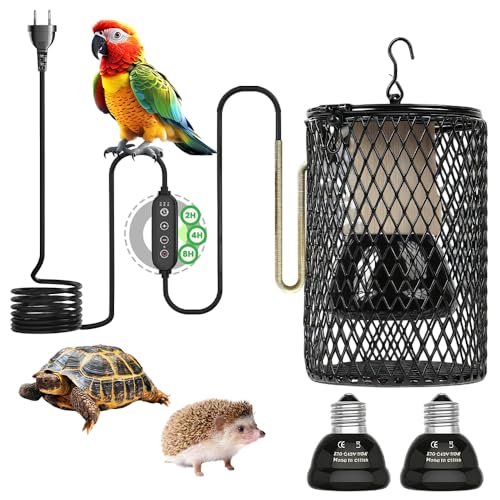 AXVRAV Lot de 2 lampes chauffantes pour reptiles avec panier de protection et minuterie, en céramique, avec support de lampe, température réglable, terrarium pour reptiles, oiseaux