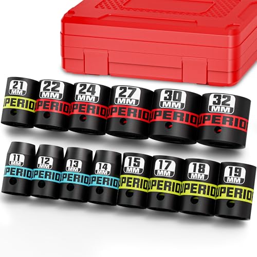 Image of 14 Piece 1 /2 inch Drive Impact Socket Set, 11 mm-32 mm Shallow Socket, Metric, 6 Point, CR-V, Automotive Maintenance, Machinery Manufacturing