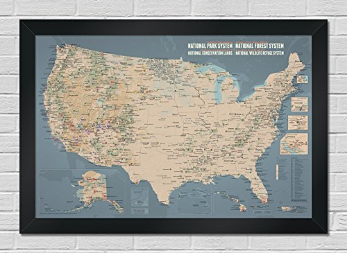 NPS x USFS x BLM x FWS Interagency Map 24x36 Poster: National Park System, National Forest System, National Wildlife Refuge System, BLM National Conservation Lands (Tan & Slate Blue | Black Frame)