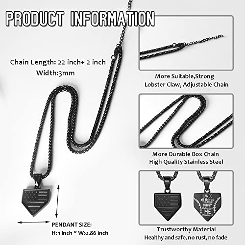 Hattidoris Baseball Home Plate Necklace For Men Usa Flag Shield Pendant Stainless Steel Chain 22+2 Inch Inspirational Patriotic Jewelry Personalized Baseball Gift For Boys（Black） #TOP2