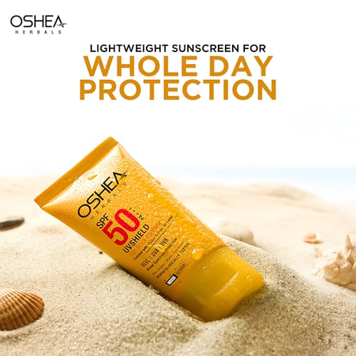 Image of Oshea Herbals UVShield Sunscreen Spf 50 PA+++ for Women & Men | Lightweight & Water Resistant | UVA & UVB Protection | Enriched with Papaya & Green Tea | All Skin Types - (Pack of 2) 120g