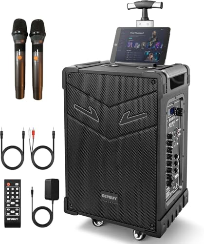 GTSK10-3 3-Way Portable Bluetooth PA Speaker System - Wireless Karaoke Loudspeaker with 10” Subwoofer, TWS/USB/SD/MP3/FM - Includes Dual Mics, Rolling Wheels - Ideal for Parties, Events, Outdoors