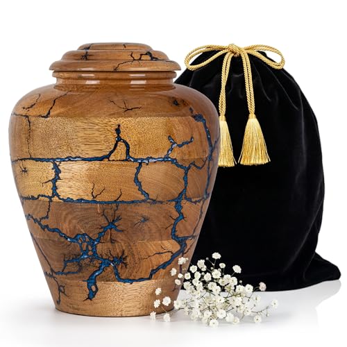 Image of Extra Large Wooden Cremation Urns for Human Ashes - 280 Cubic Inches Funeral Memorial Urn for Adult Women & Men - Blue Decorative, Burial Urn for Male or Female Memorial Display