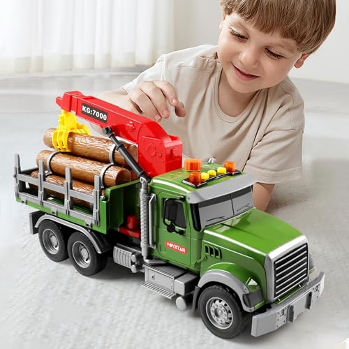 Image of Dwi Dowellin Kids Toys for 3 4 5 6 7 Years Old Boys,15 inch Large Timber Truck with Loading Crane and 6 Trunks,Birthday Gifts for Boy Toddler Child