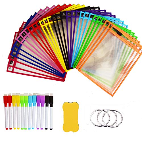 30 fundas de bolsillo de borrado en seco, reutilizables de 25,4 x 13,6 pulgadas, protectores de plástico con marcadores y goma de borrar para...
