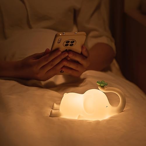 Miniatura 7 de Linda luz nocturna de elefante con temporizador, luz de sueño de silicona suave, lámpara de mesa recargable portátil, lámpara de noche táctil