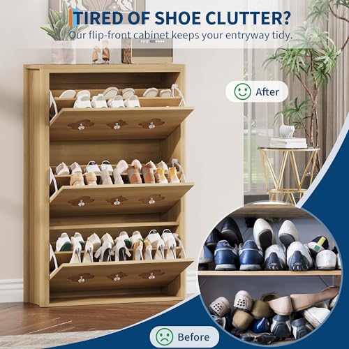 Image of GarveeHome Shoe Storage Cabinet with 3 Flip Drawers, Narrow Wood Shoe Organizer Cabinet with Floral Pattern, Freestanding Slim Shoe Rack Cabinet with Adjustable Shelves, for Entryway, Hallway, Natural | Floral Pattern, Shoe Cabinet for Entryway, Hallway, Living Room, Narrow Wooden Shoe Cabinet with Adjustable Shelves
