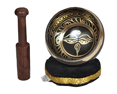 SATNAM - Tibetan Brass Meditation Singing Bowl Set for Relaxation and Healing - With Traditional Design comes with Wooden Striker and Cushion - Handmade in Nepal