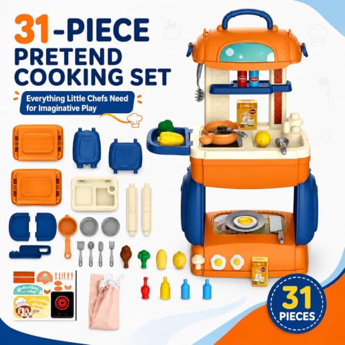 Image of 31-Piece Pretend Play Kitchen Set for Kids, Portable Toy Cooking Set with Stove, Sink, Storage, Cookware, Play Food & Utensils, Gift for Girls & Boys Ages 3+