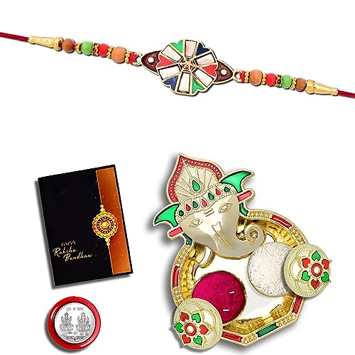 Image of Periapt (K1 416 AA3) Rakhi Combo with Pooja Coin, Shri Ganesh Pooja Thali / Tilak Set & Greeting Card, rakhi thali, rakhi for brother and bhabhi, Men fancy rakhi, rakhi for brother kids, Rakhi with plate, rakhi for brother kids, rakhi set of 1