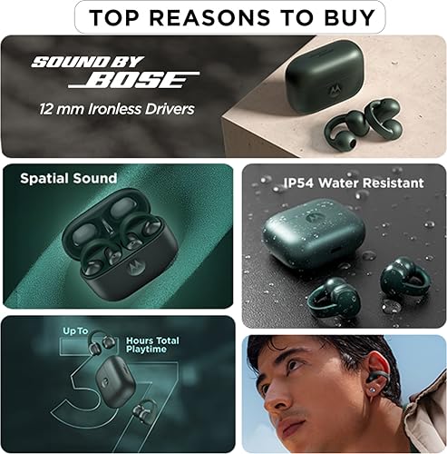 Image of Motorola Moto Buds Loop TWS (Green) | Sound by Bose, Open-Ear Fit | 12mm Drivers, Dual Mic AI | 31H Playtime, Quick Charge | IPX4 Water Resistant | Comfortable Fit | Low Latency Mode | Reliable Build