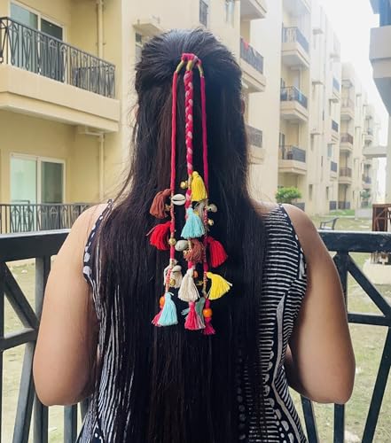 Image of Zippy Flora Handmade Boho Colorful Hair Strings - Shoulder Length (12-14 Inch) | Elegant Pink Braided Thread Hair Extensions for Navratri, Ethnic Look & Bohemian Styling