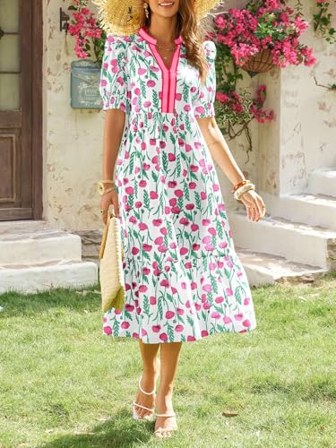 Image of Wenrine Womens Summer Floral Puff Short Sleeve V Neck Flowy Midi Dress | Casual,Ruffle Sleeve,Empire Waist,Swing,Boho,Beach,Vacation,Maxi Dress,with Pockets