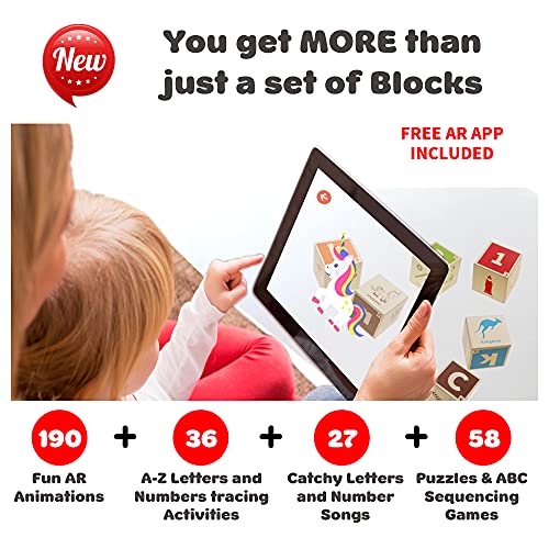 Kippto Wooden Alphabet And Numbers Blocks For Toddlers – 36 Large Bright-Colored Pieces. Includes Free Ar App For Interactive Play. Educational Toy For Preschool Kids. Kids Safe Non-Toxic Material #TOP6