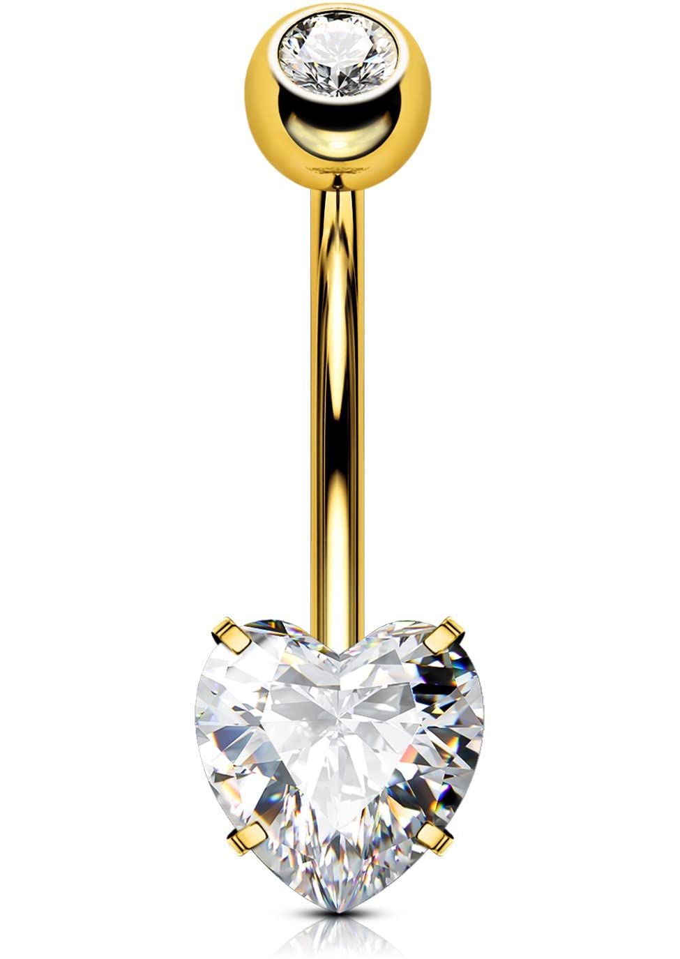 OUFER14G Titanium Belly Bars Heart Balls Short Extra Long Navel Piercings Rings Double Clear Gem 1.6mm Belly Button Jewellery 8 10 12 14 16mm