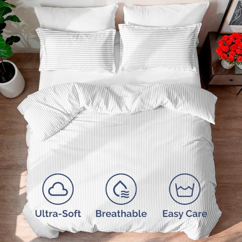 Image of Duvet Cover Queen Size - Stripe Duvet Cover Set - 3 Piece - Grey Stripe | Soft Stripe Duvet Cover 90 x 90 with 2 Pillow Shams, Comfy Stripe Bedding Set, Hotel Luxury with Zipper Closures & Ties