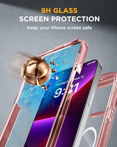 Image of Miracase Magnetic for iPhone 13 Pro Max Case 6.7 inch, (Compatible with MagSafe) Upgrade Full-Body Clear Phone Bumper Case with Built-in 9H Tempered Glass Screen Protector, Magnetic Clear Pink