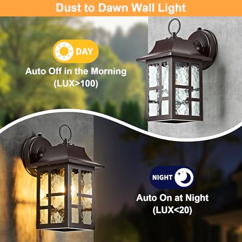 Image of OKELI 2-Pack Dusk to Dawn Exterior Lighting Fixture, Farmhouse Outdoor Wall Lights with Ripple Glass, Aluminum Porch Light Wall Mount, Anti-Rust Outside Wall Sconce for House, Garage(Brown)