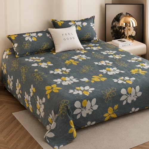 Image of Cotton Feel King Size Flat Bedsheet for Double Bed (90 x 100 Inches | 230 x 250 cm) with 2 Pillow Covers | Soft & Smooth Printed Bedsheet for Daily Use (Green&Grey, King Bed-90x100)