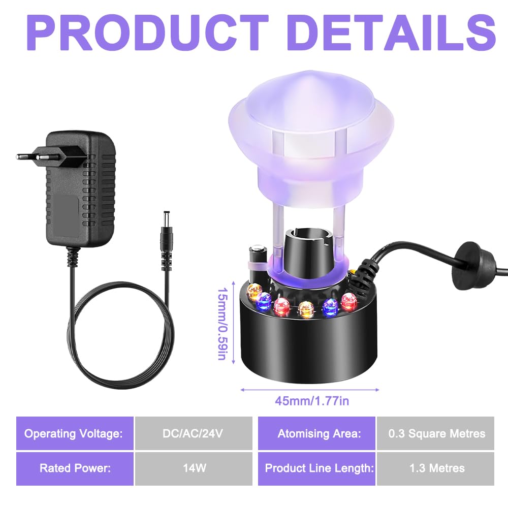 Brumisateur Ultrason, Mini Machine à Brouillard Halloween avec 12 Lumières et Protection Anti-Éclaboussures, 24 V Brumisateur à Ultrasons pour Aquarium, Étang de Citrouilles, Chaudron Sorcière