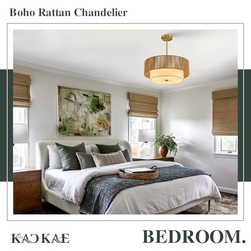 kackae Boho Rattan Chandelier 18'' Gold Hand Woven Chandeliers with Fabric Shade 4-Light Drum Pendant Light Fixture for Dining Room Bedroom Kitchen Hallway Foyer by kackae - Image 7