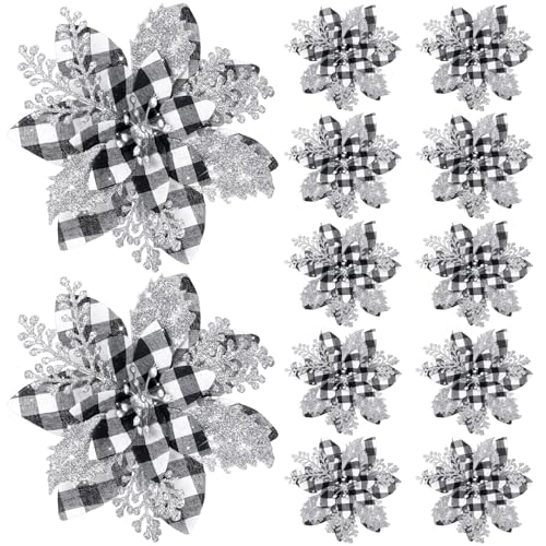 La Mejor Recopilación de Ãrboles de navidad los mejores 10. 46 Canlierr 5,7 Pulgadas Flores de Pascua Artificiales Flores Brillantina Navidad con Clips Adorno de Flores ¨¢rbol de Navidad (B¨²falo Blanco y Negro con P¨¦talos de Plata, 12...