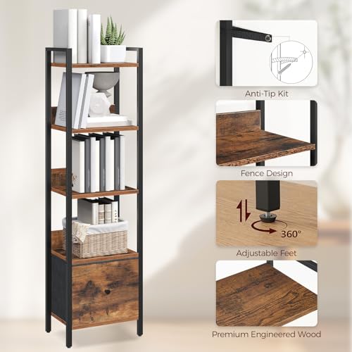 Bookshelf, 5-Tier Bookcase with Drawer, Small Book Shelf for Small Space, Storage Shelf Organizer, for Living Room, Bedroom, Study, Kitchen, Rustic Brown and Black BKHR55101 - Image 5