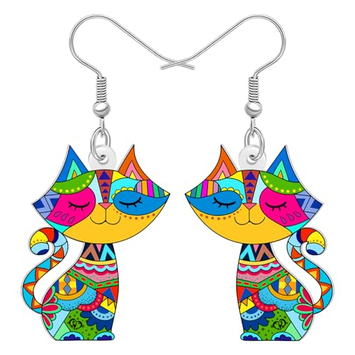 BONSNY Colorido Gato Pendientes Geométrico Tribal Patrón Colgante Joyería para Mujeres Niñas Gatito Amantes Regalos Novedad Diversión Hipoalergénico Charms (Multicolor)