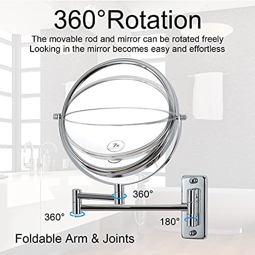 Lansi Wall Mounted Makeup Mirror, 7X/1X Double-Sided Magnifying Mirror, 360° Extendable Arm Wall Mirror, 8 Inch Bathroom Mirror For Makeup Or Shaving Chrome Finish #TOP2
