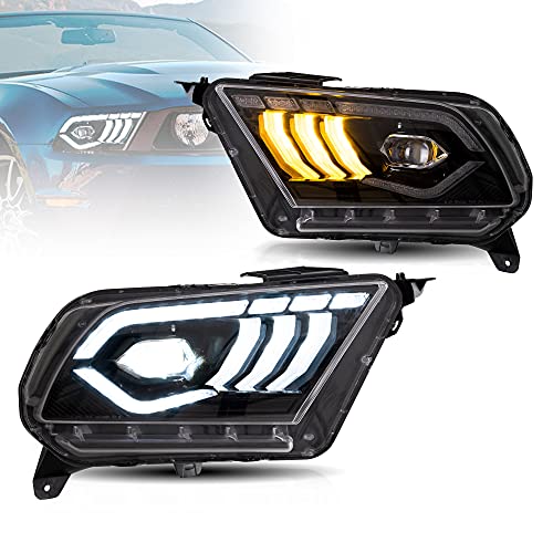 VLAND LED Headlights For [ 2010-2014 Ford Mustang ] W/ Welcome / Breathe Function Dynamic DRL & Sequential Turn Signal (Just Fit for Halogen Factory light)