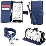 wisers らくらくスマ-トフォン F-52B 対応 手帳型スマホケース (ダークブルー) (カードホルダー/スタンド機能付き) ストラップ 2種付き (ハンドストラップ/ネックストラップ) プレゼント