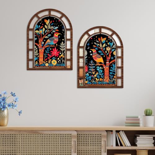 Image of Artvibes Colorful Bird & Floral Tree | Jharokha Mirror | Mirror Wall Hanging for Living Room, Hall, Bedroom & Dining Area | Indian Gift (WH 12003N), Set of 2