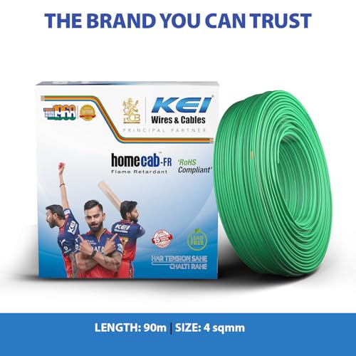 Image of KEI WIRES & CABLES Homecab 4 sqmm 1 Core Copper Flame Retardant House Wire PVC Insulated Cable for Domestic & Industrial Electrical Wiring (Green, 90 Meters)