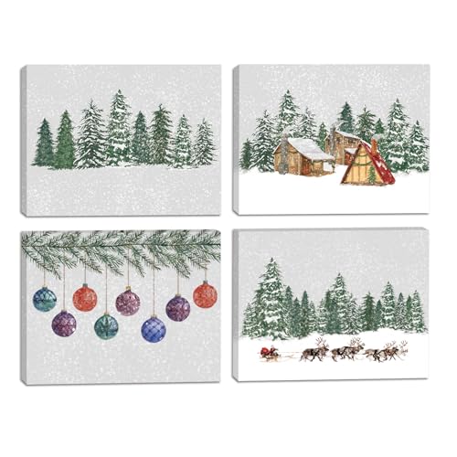 HOURIA 4Pcs Framed Christmas Winter Scene Canvas Wall Art,12"x16"Vintage Santa