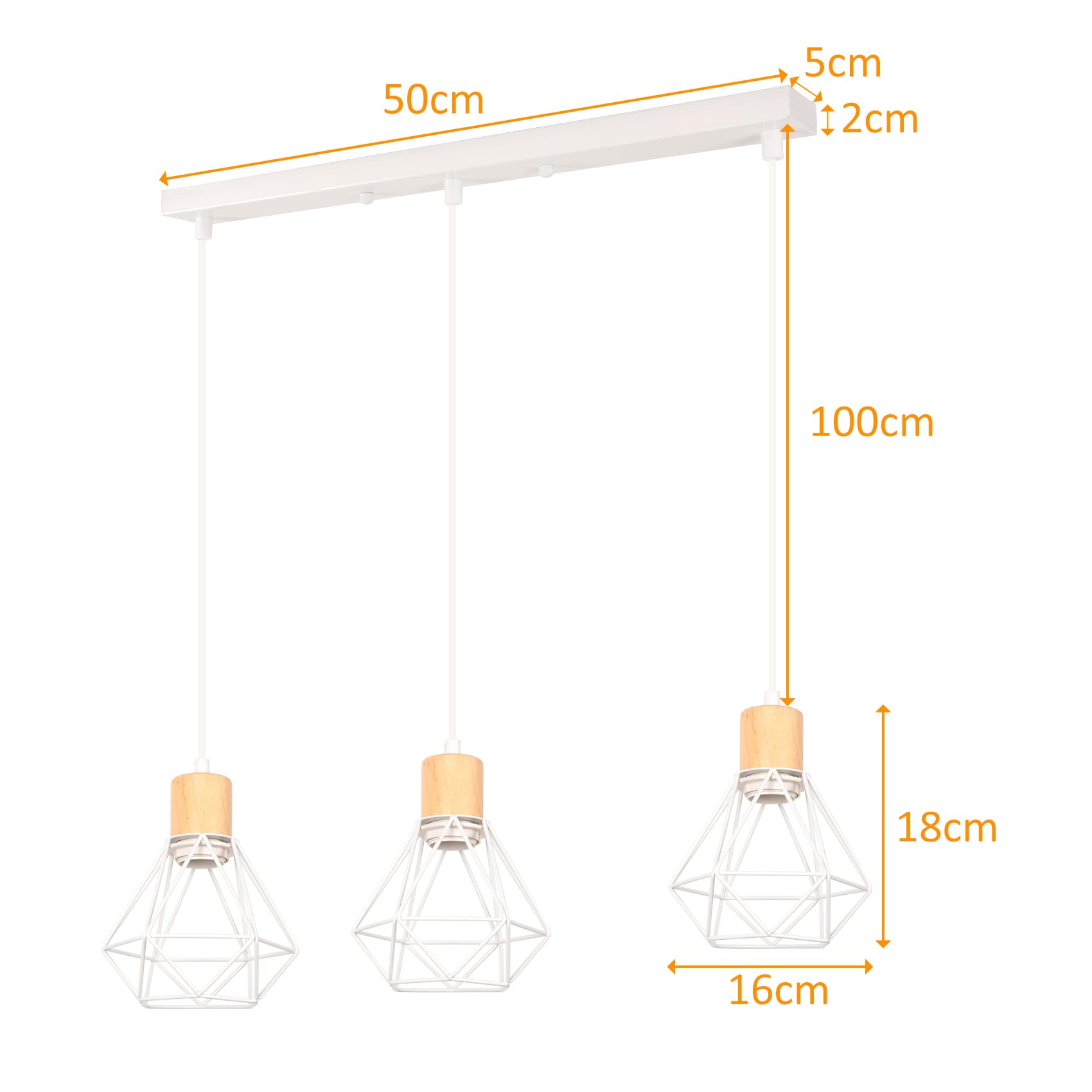 iDEGU 3 Luci Lampadario Industriale in Metallo Legno Lampada da Soffitto Stile Gabbia Bianco Illuminazione E27 Lampada a Sospensione Vintage per Sala da Pranzo Cucina Soggiorno Caffè (Barra)