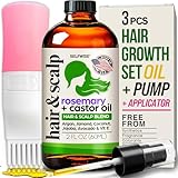 Organic Rosemary Oil For Hair Growth + Applicator with Castor, Argan, Coconut, Almond, Jojoba, Avocado, Vitamin E & Peppermint for Hair & Scalp Treatment, All Hair Types, Men & Women 2oz