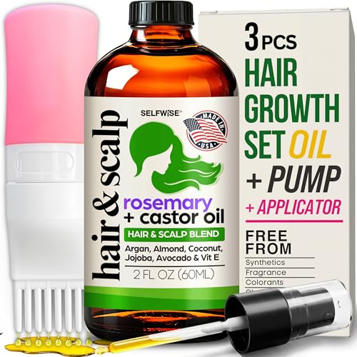 Organic Rosemary Oil For Hair Growth + Applicator with Castor, Argan, Coconut, Almond, Jojoba, Avocado, Vitamin E & Peppermint for Hair & Scalp Treatment, All Hair Types, Men & Women 2oz
