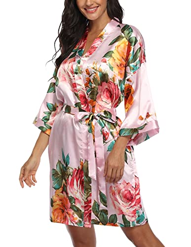 Image of VOGMATE Floral Silk Robes for Women Short Satin Kimono Bride Bridesmaid Robes Bathrobe